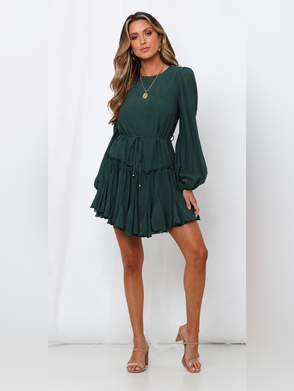 Hello Molly Long Sleeve Ruffle Hem Mini Dress in Dark Green, size small